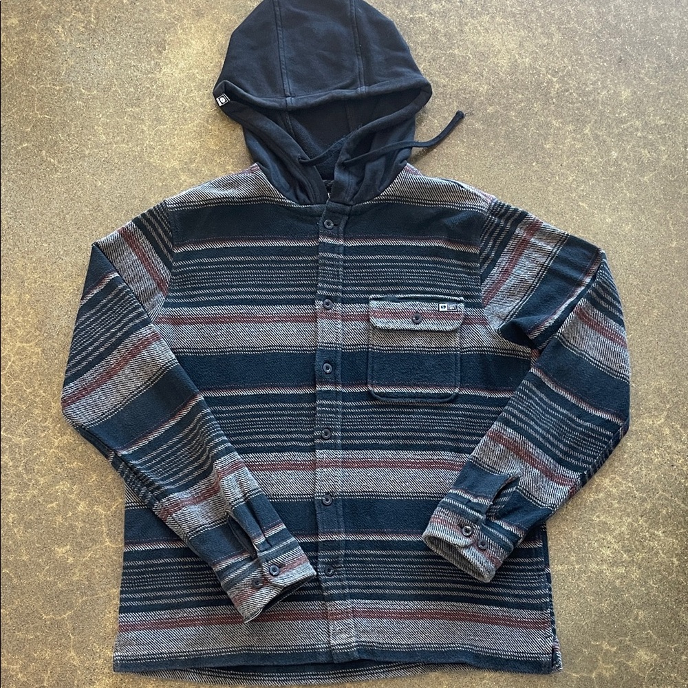Salty Crew Striped Hooded Shirt Jacket - Black, Gray, Brown